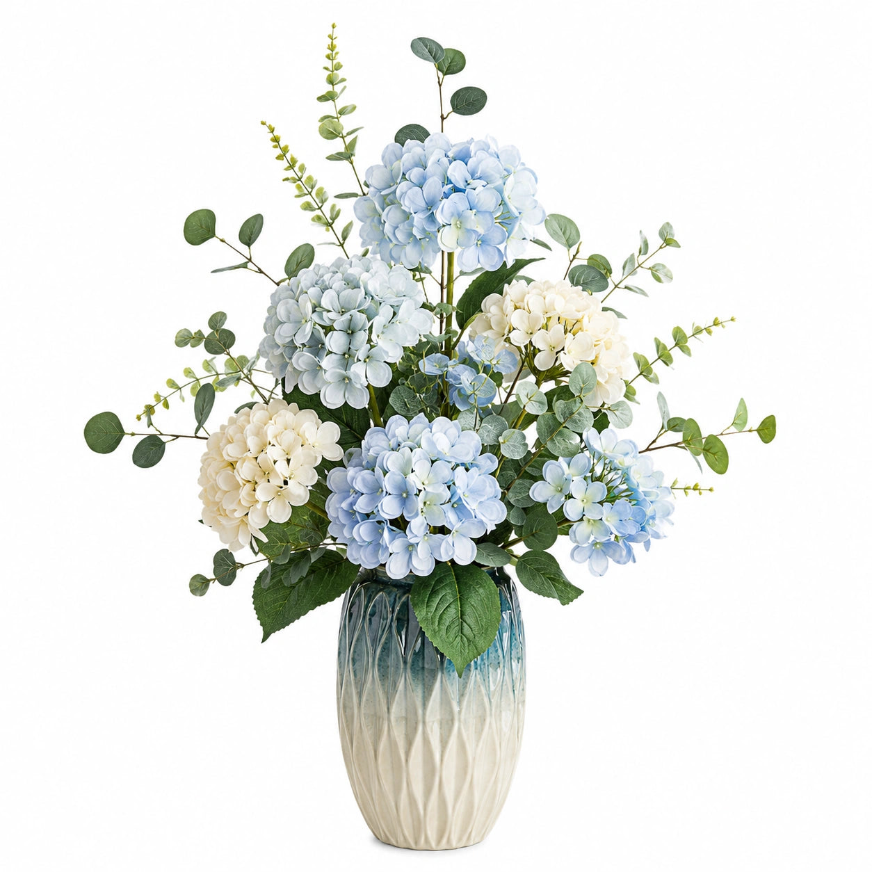 Bouquet d'hortensias artificiels bleu clair et beige avec vase en céramique