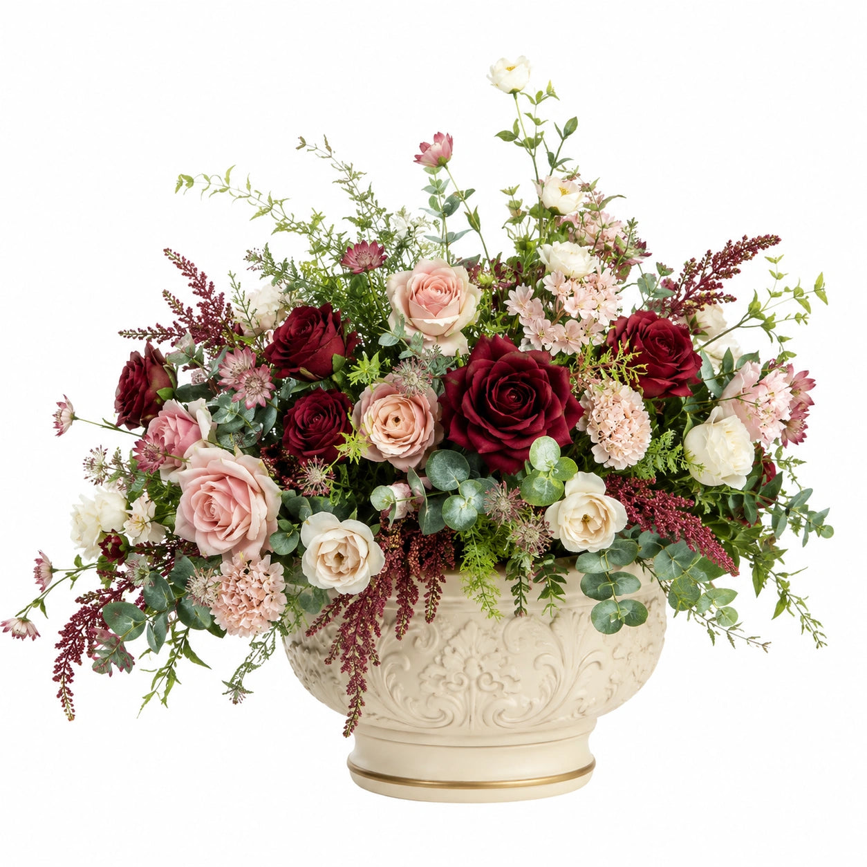 Arrangement de fleurs artificielles avec vase élégant, rouge/rose/blanc/vert, 40 cm