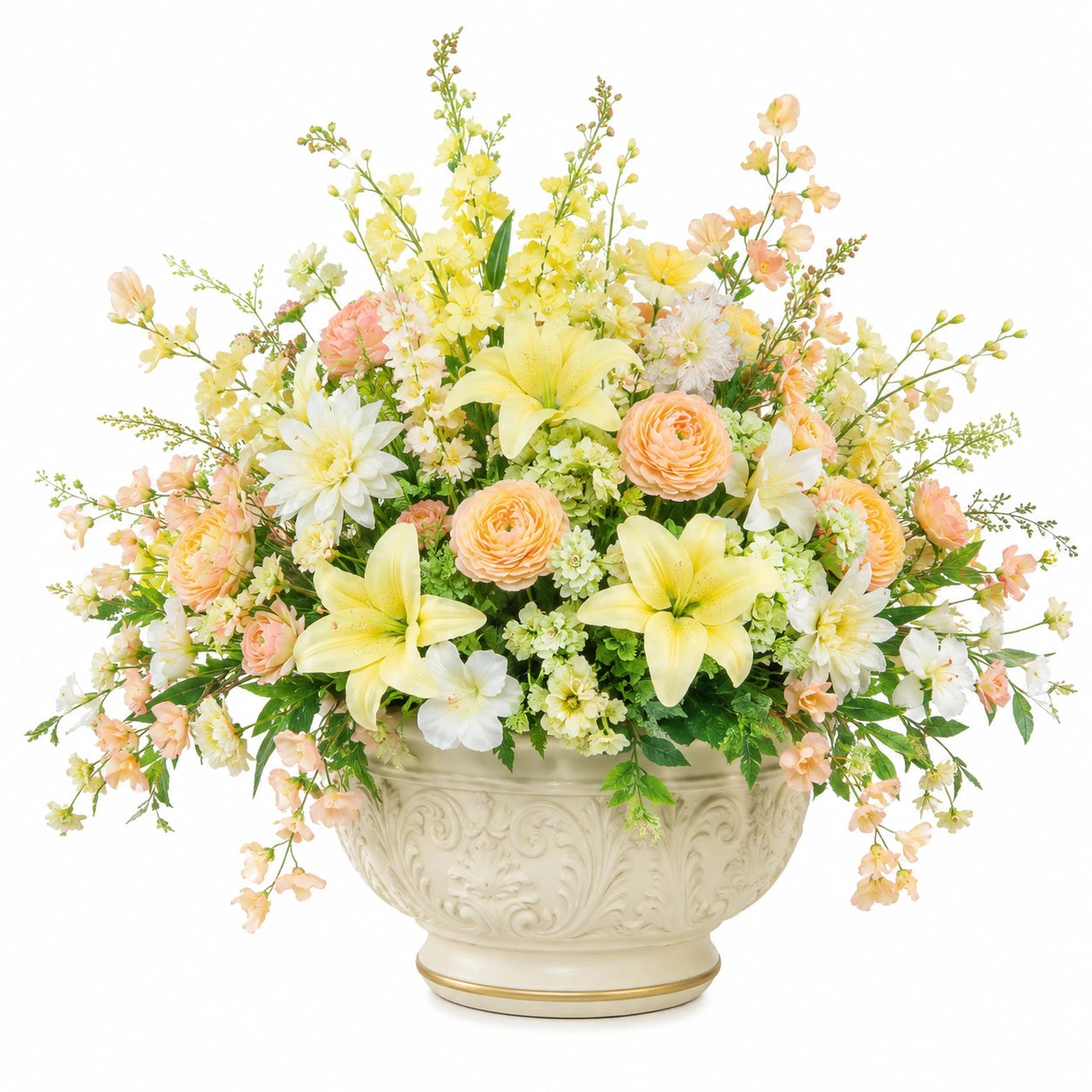 Arrangement Floral Artificiel en Pot Céramique Jaune et Pêche