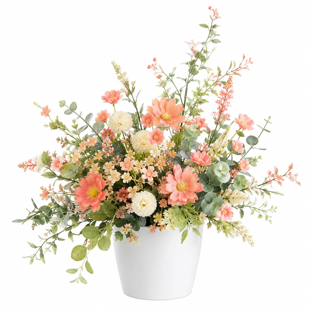 Arrangement Floral Artificiel Orange et Blanc en Pot Blanc