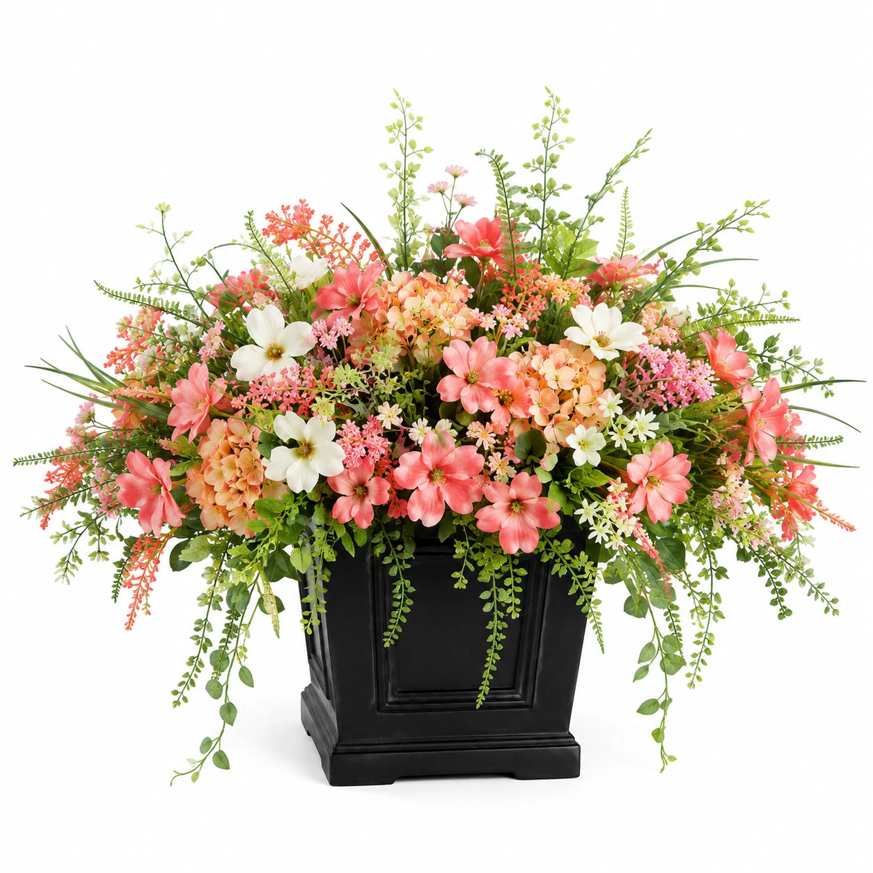 Arrangement floral artificiel multicolore avec pot noir décoratif