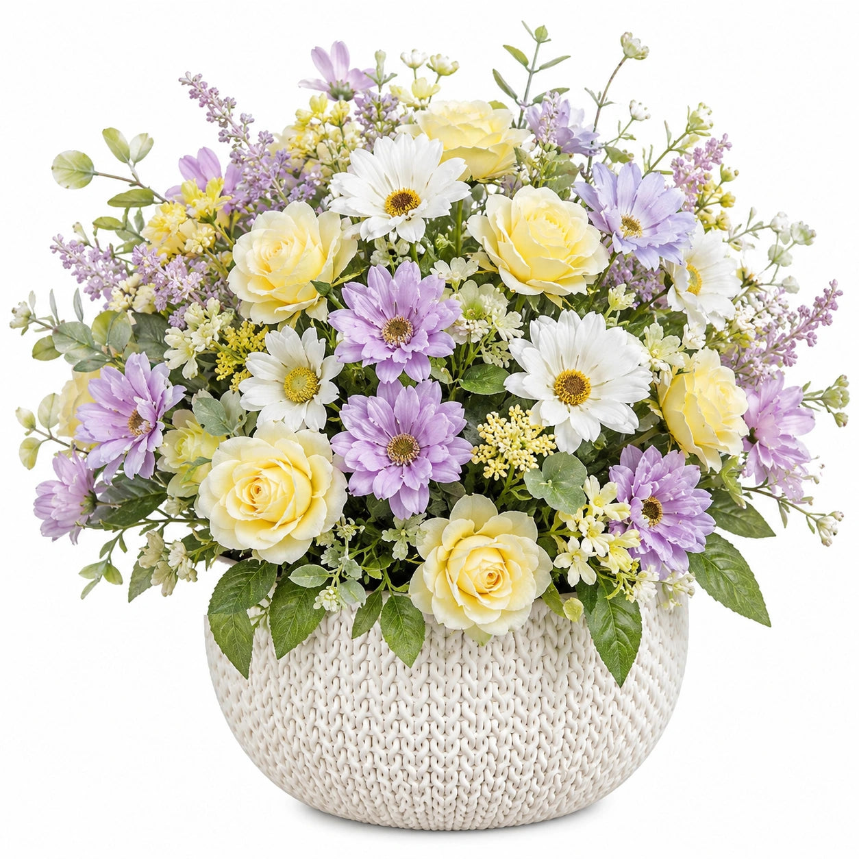Arrangement floral artificiel avec fleurs pastel en pot beige