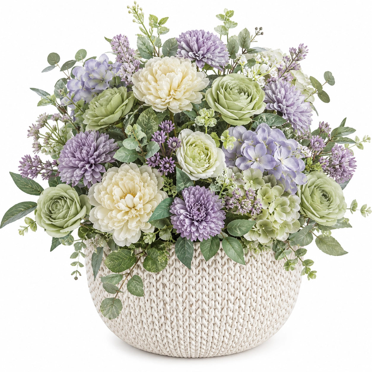 Arrangement Floral Artificiel Vert et Violet avec Pot Déco