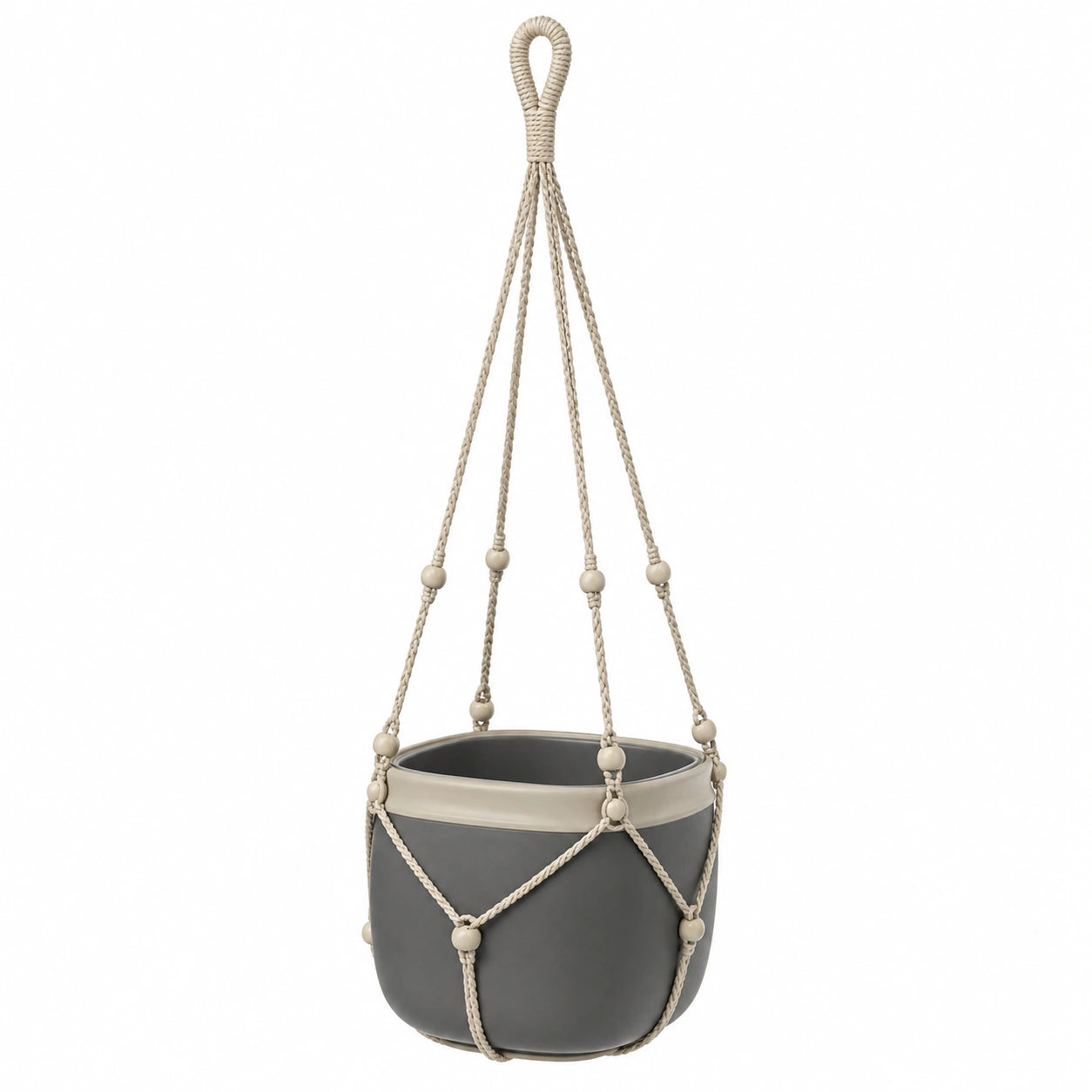 Pot de Fleurs Suspendu en Macramé Gris et Beige