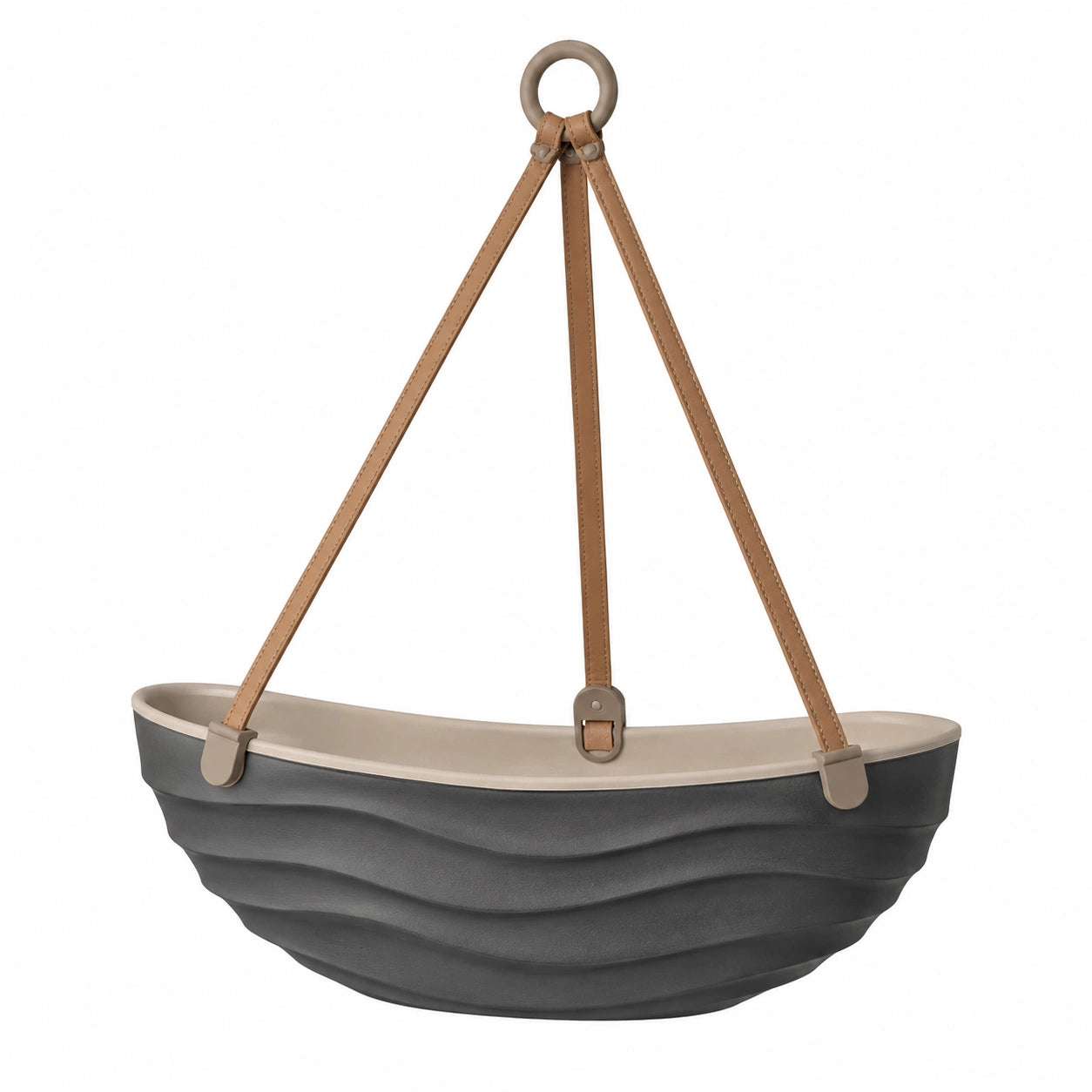 Pot de fleurs suspendu ondulé anthracite et beige avec sangles en cuir