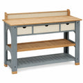 Table de jardinage avec tiroirs et étagères beige et bleu