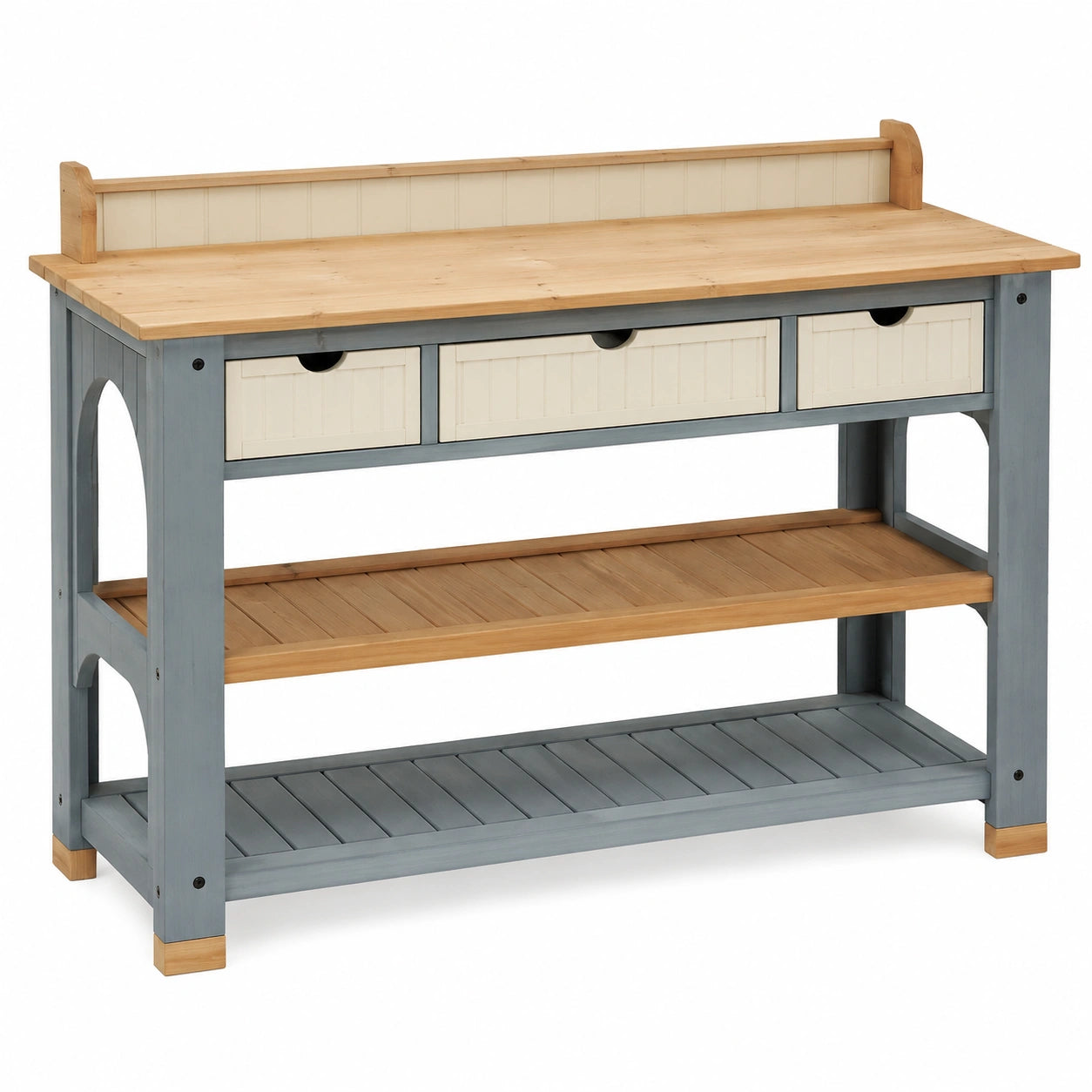 Table de jardinage avec tiroirs et étagères beige et bleu