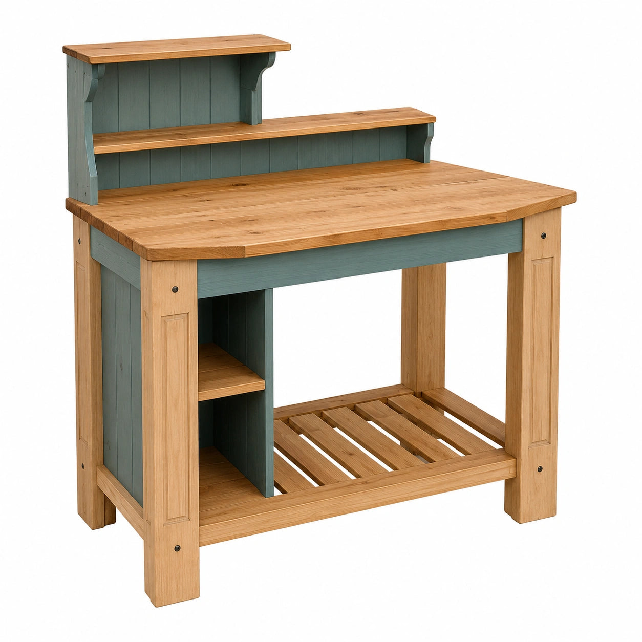 Table de jardinage rustique à deux niveaux bleu et bois naturel