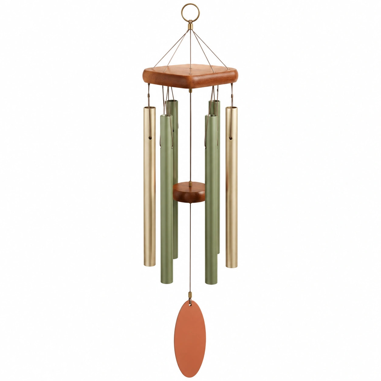 Carillon éolien doré et vert avec finition en bois