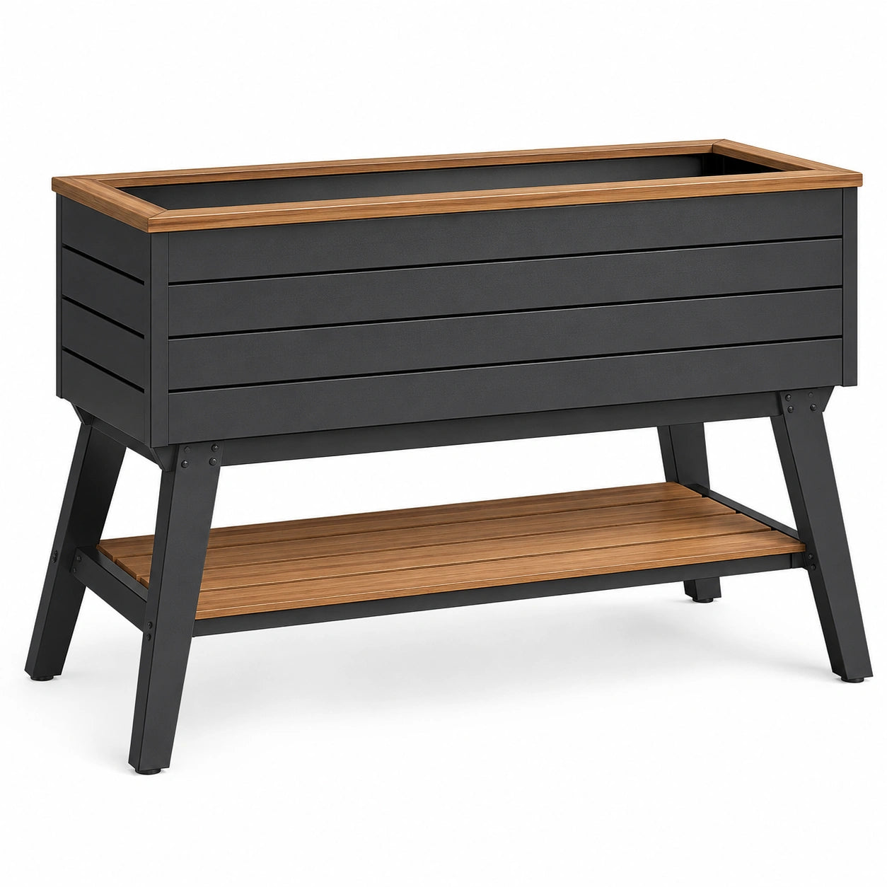 Jardinière surélevée en métal noir et bois avec rangement